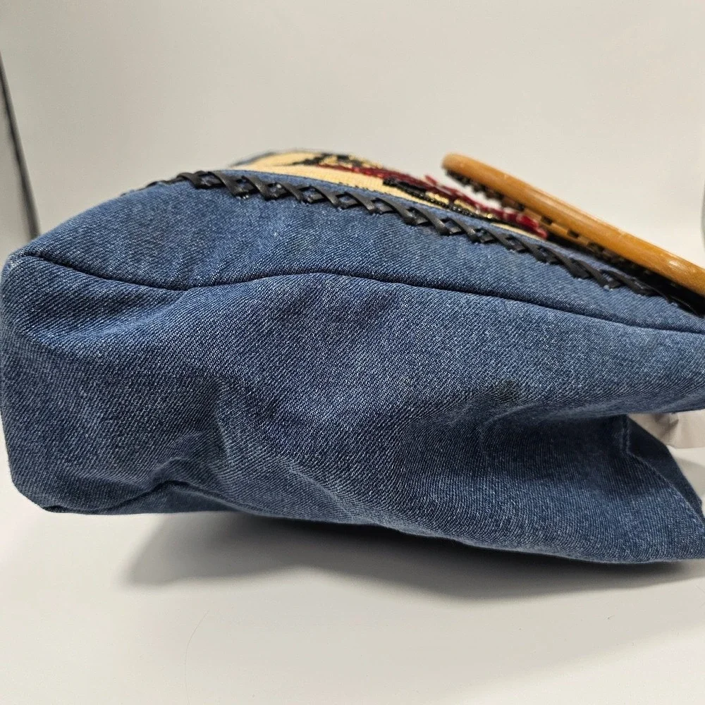 Vintage Denim Scottie Dog Tapestry Handbag Wooden Handle Beaded Terrier Bag